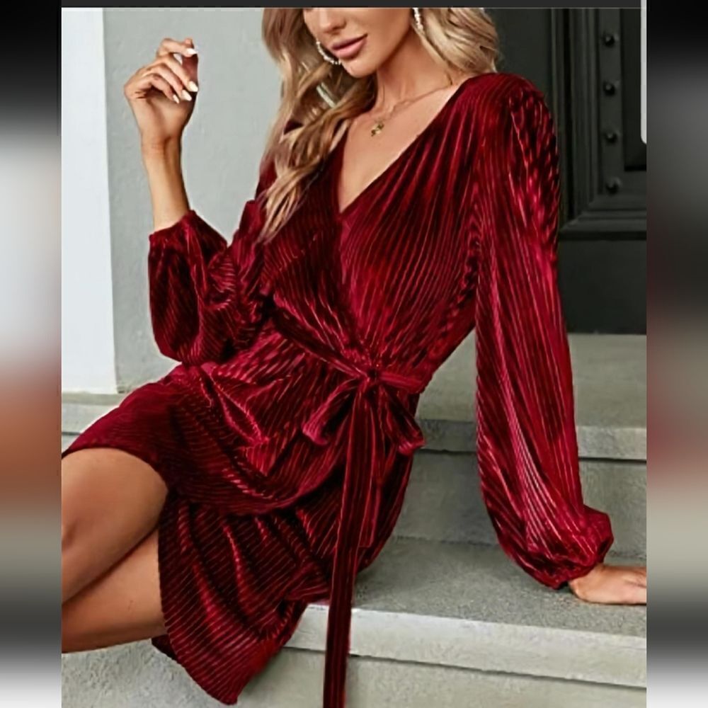 Solid Color V-neck Sweater Dress With Waist Belt small